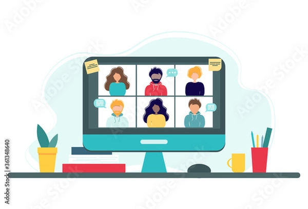 Obraz Online meeting via group call. Home office concept with computer, books and cup. Group of people doing video conference. Vector illustration in flat style. Stay at home. Self-isolation