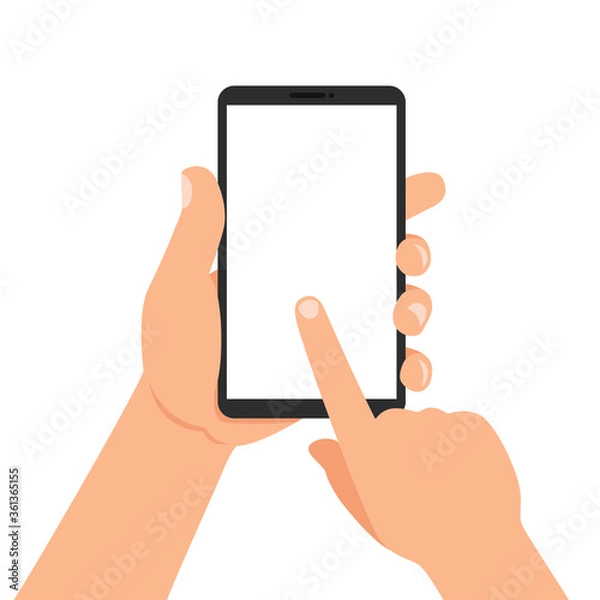 Obraz W jednej ręce trzyma smartfon, a drugą dotyka ekranu. Ilustracji wektorowych.
