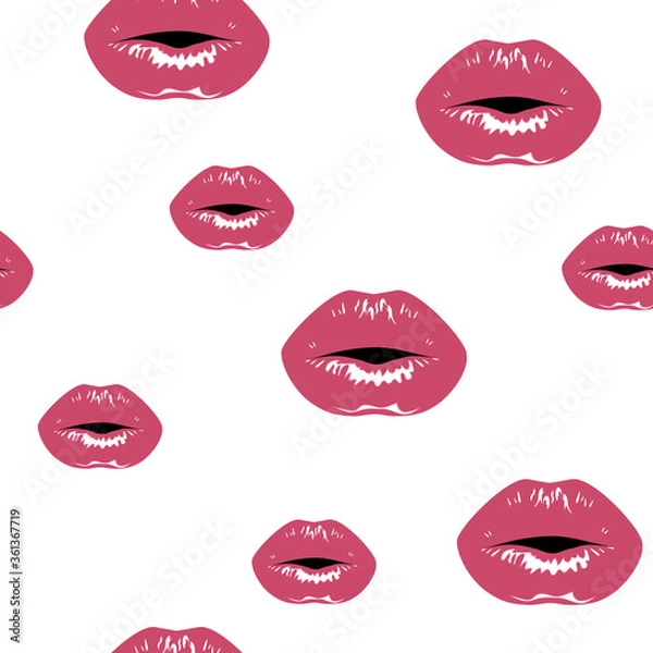 Fototapeta Red lips prints with gloss. Vector seamless background.