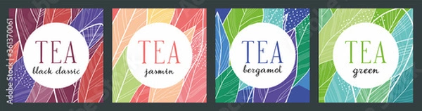 Obraz Design of square tea packaging. Different varieties of tea in the set. Vector full color graphics