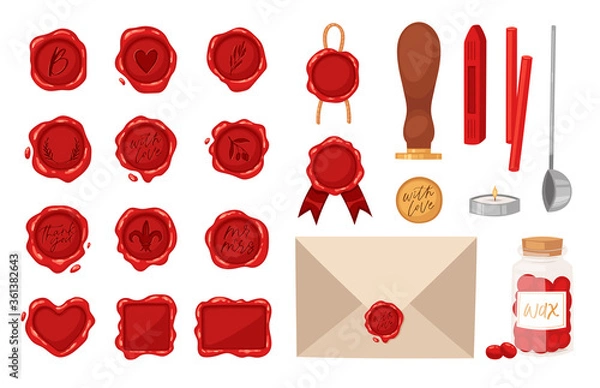 Fototapeta Big set red wax seal stamps and other tools - wooden stamper, melting spoon, envelope. Vintage post signet illustration for wedding invitation, letters, calligraphy design. Vector isolated on white