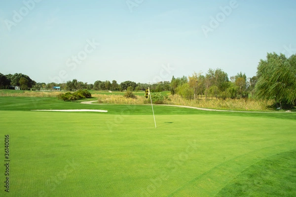 Fototapeta Golf course with  flag