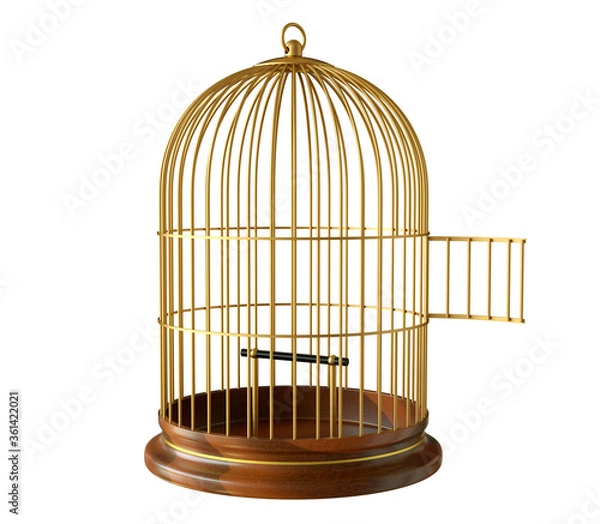 Obraz Wooden base gold birdcage with open door isolated on white background