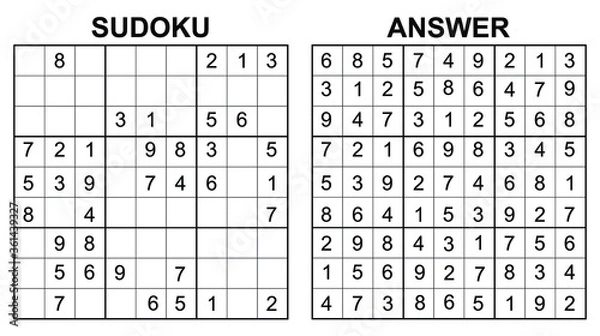 Fototapeta Vector sudoku with answer. Educational game with numbers for kids and leisure for adult on white background.