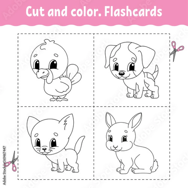 Fototapeta Cut and color. Flashcard Set. Coloring book for kids. Cartoon character.