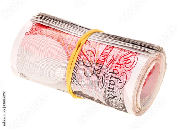 Fototapeta Pound sterling rolled up bank notes, isolated on white