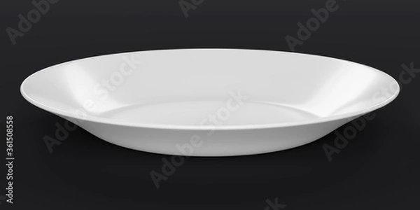 Obraz Empty white plate or ceramic dish on black background. 3D rendering with clipping path