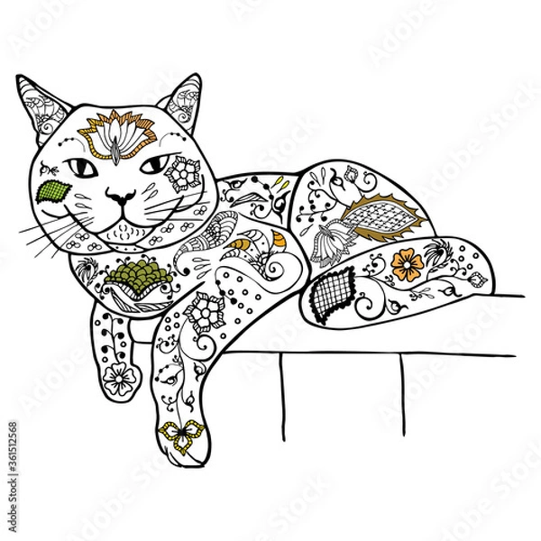 Fototapeta Cat silhouette ink hand drawn scketch on white background