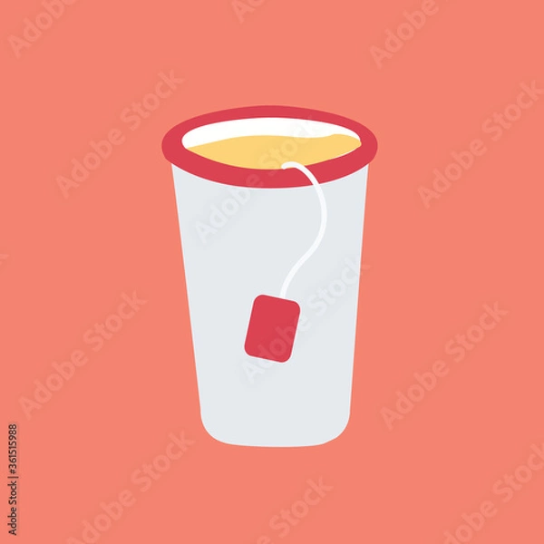 Fototapeta Opened simple clean take out flat design style or take away lemon tea in cardboard cup vector icon with tea bag