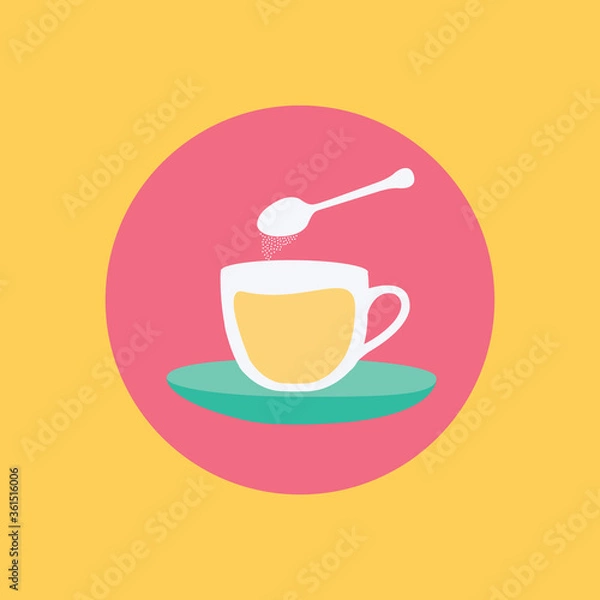 Fototapeta a spoon with sweet sugar over a cup of tea vector flat design style on a saucer or plate with lemon tea isolated cartoon in a circle. button for website & app
