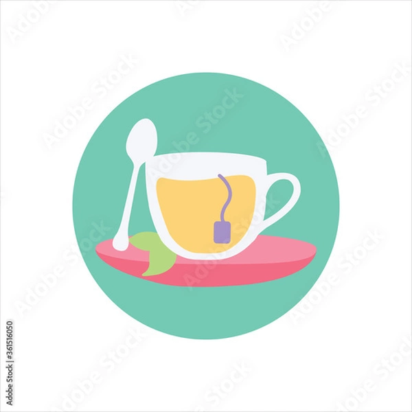 Fototapeta one button for web. english tea in england. cup of tea flat design style simple with tea bag modern isolated vector on a saucer or plate. green mint leaf on lemon tee in a rounded circle illustration.