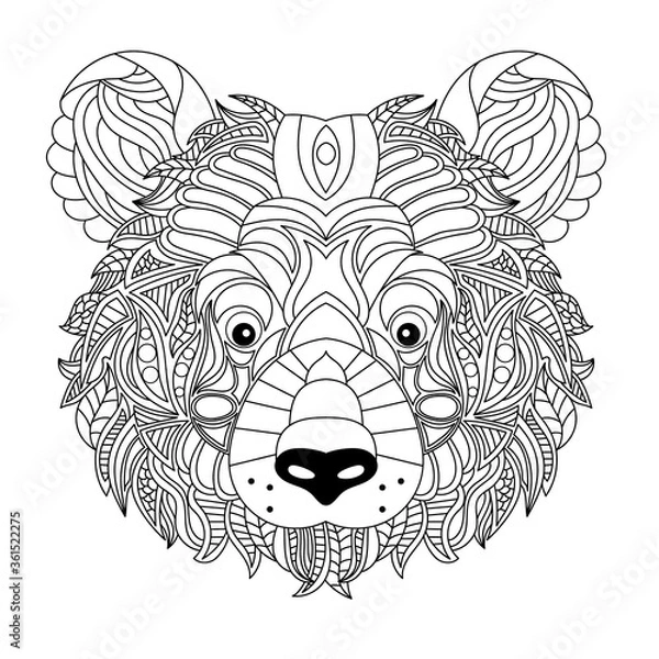 Fototapeta Bear head coloring book illustration. Antistress coloring for adults. black and white lines. Print for t-shirts and coloring books.	
