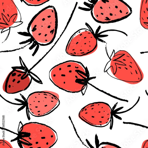 Fototapeta Seamless pattern with hand drawn strawberries for surface design and other design projects. Gardening, summer, healthy food themes