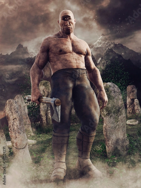 Fototapeta Fantazyjny cyklop z jednym okiem stojący z toporem wśród kręgu kamieni. Renderowania 3D.