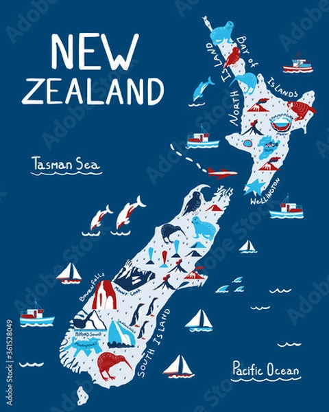 Fototapeta Map on blue background. New Zealand nature landmarks, animals. Travel postcard, poster concept design