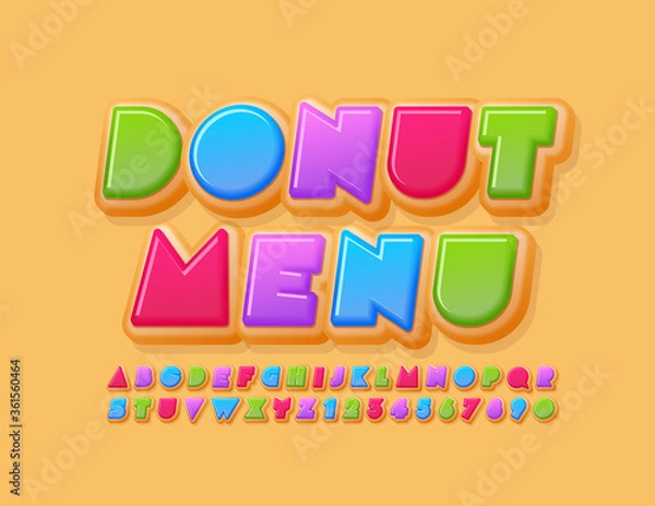 Fototapeta Vector creative template Donut Menu with tasty Bright Font. Colorful Alphabet Letters and Numbers