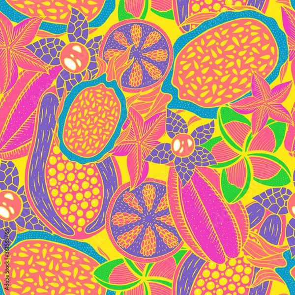 Obraz Doodle seamless pattern on yellow backdrop. Vector pattern. Neon colors rainforest texture. Bright fashion background.  Tropical nature colorful design. Tropical bright backdrop. Sweet fruit