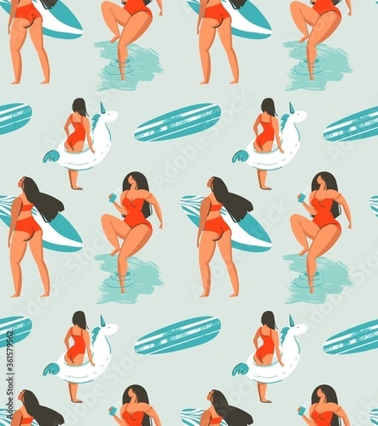 Fototapeta Hand drawn vector abstract fun summer time fun illustration seamless pattern with group girls,surfboards and unicorn buoy circles on water textured background