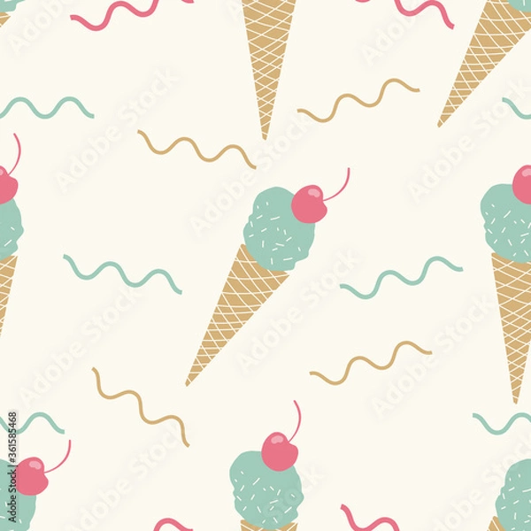 Obraz Stylish Cream Tan Seamless pink and green Ice cream cone pattern. Fun summer seamless vector pattern for kids or teens.