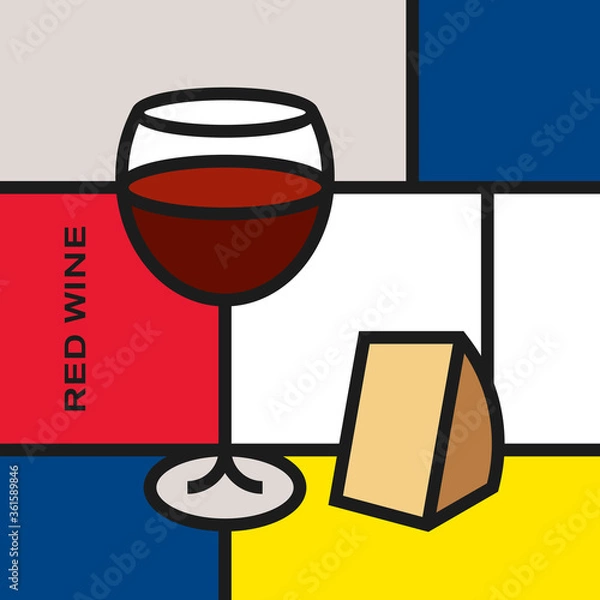 Fototapeta Red wine glass with slab of cheese. Modern style art with rectangular shapes. Piet Mondrian style pattern.