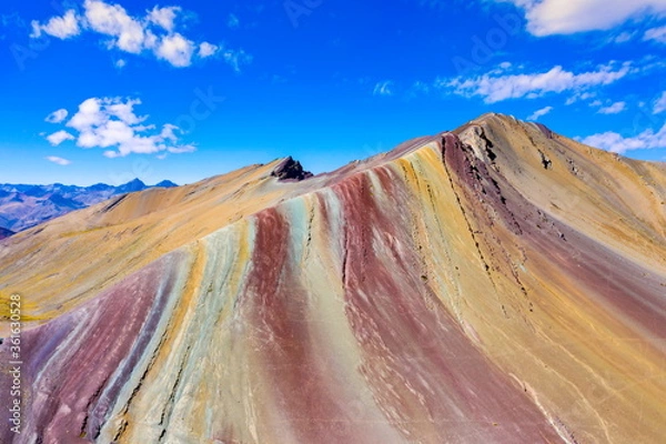 Obraz Aerial landscape of The Red Valley at Rainbow Mountain (Vinicunca Valley). Apu Ausangate is behind. All rocks, mountains and sand is invaded by red colors. Cusco Region, Peru