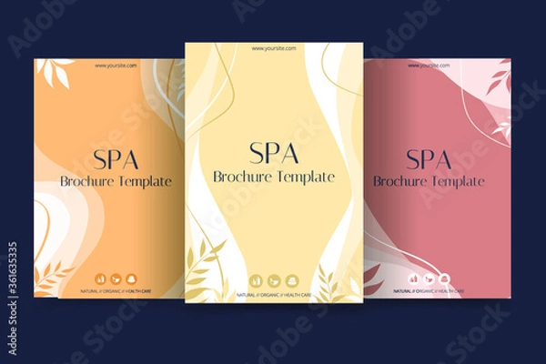 Obraz Minimalistyczna broszura dotycząca spa i opieki zdrowotnej. Szablon ulotki z elementami medycyny, spa, ajurwedy, jogi i naturalnych zagadnień organicznych.
