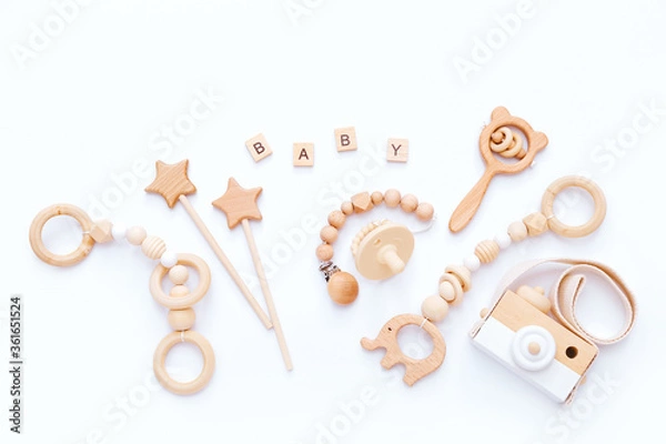 Obraz Set of baby stuff and accessories on white background. Baby shower concept. Fashion newborn. Flat lay, top view