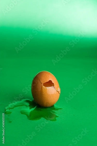 Obraz cracked brown egg on green background
