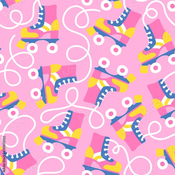 Obraz Seamless pattern with retro roller skates on pink. Abstract background. Great for fabric, textile, wrapping paper. Vector Illustration.