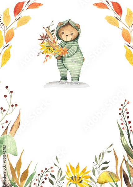 Obraz Watercolor hand painted frame with cute Teddy Bears in autumn clothes, autumn bright leaves, mushrooms, umbrellas.