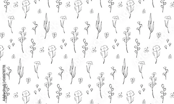 Fototapeta 【ベクター】手描き風ボタニカルのシームレスパターン　線画