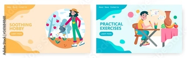 Fototapeta Woman watering flowers and tree in garden. Man trying to draw still life. Hobby concept illustration. Vector web site design template. Landing page website illustration