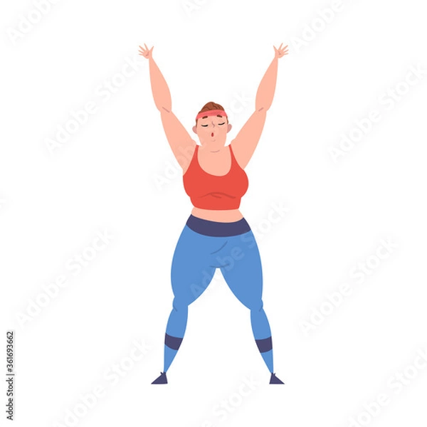 Fototapeta Plump Girl Doing Sport Exercise, Weight Loss Process, Young Overweight Woman Getting Fit Cartoon Vector Illustration on White Background