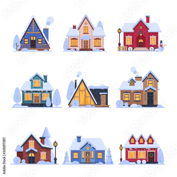 Fototapeta Cute Snowy Suburban Houses Set, Rural Cottage Buildings with Glowing Windows Vector Illustration