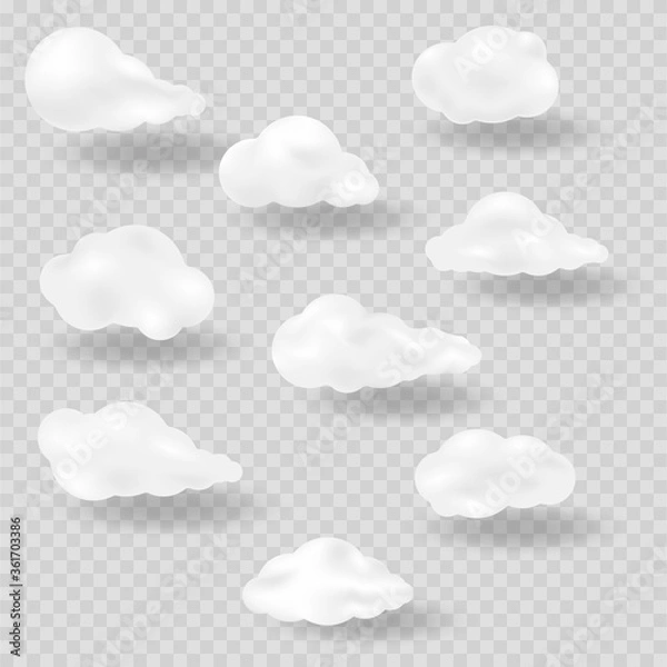 Fototapeta Realistic vector image set of three white clouds with shadow.