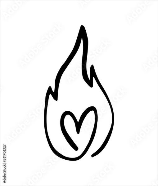 Obraz Line fire heart and flame. Graphic element vector. Sketch fire heart, in love. Hand drawing hot black tattoo illustration on white vintage background. Line bonfire draw. Retro brush outline love