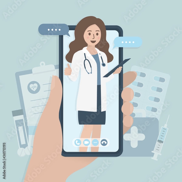 Fototapeta Smartphone in hand, female doctor showing thumb up on mobile phone screen. Online doctor, medical consultation application and healthcare concept.