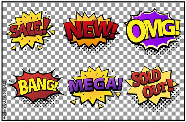 Fototapeta Comic speech bubbles set with different emotions and text Sale, New, OMG, Bang, Mega, Sold Out . Vector bright dynamic cartoon illustrations in retro pop art style isolated on transparent background