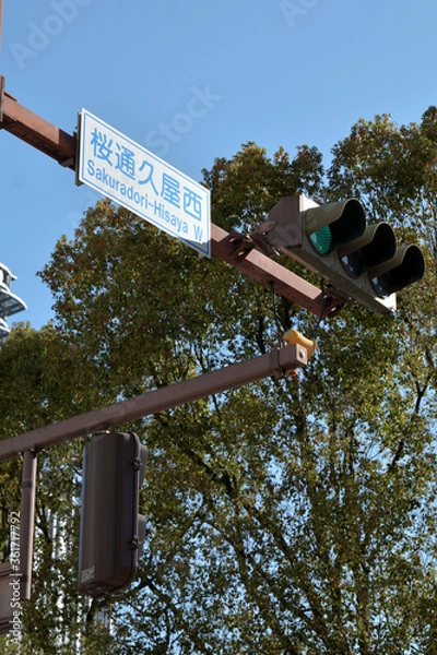 Fototapeta 日本の桜通久屋西交差点の信号機