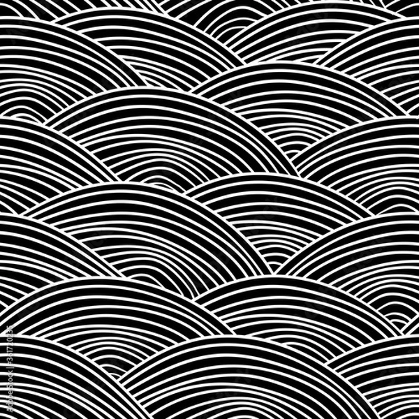 Fototapeta Seigaiha literally means wave of the sea. seamless pattern abstract doodle lines scales simple Nature background japanese circle Black white. Can be used for Gift wrap, fabrics, wallpapers. Vector