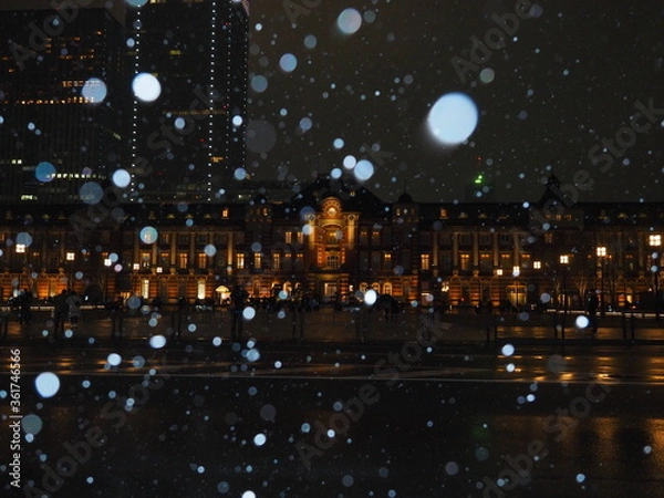 Obraz Tokyo station building in snowflakes reflection