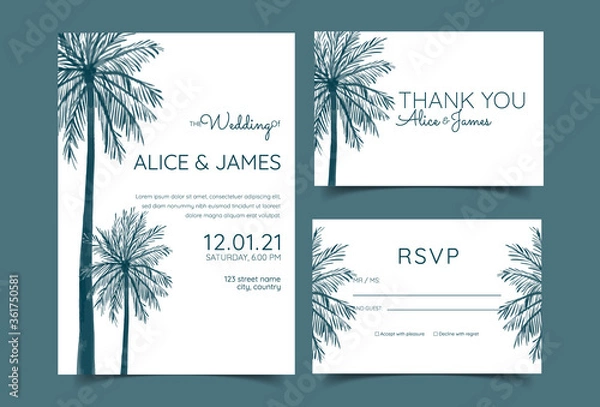 Fototapeta Tropical Wedding Invitations. Magnificent Cards, Posters, Greeting Cards with Coconut trees. Elegant Brochure Set, Background, Cover