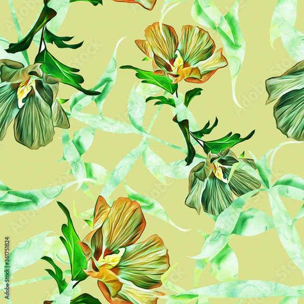 Fototapeta Exotic flowers and leaves, seamless pattern.
