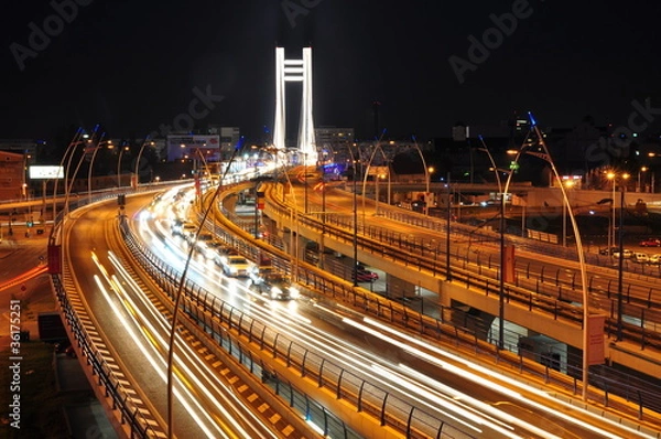Obraz Night traffic on Basarab bridge, Bucharest, Romania