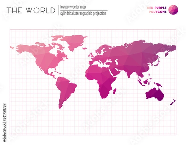 Fototapeta Triangular mesh of the world. Cylindrical stereographic projection of the world. Red Purple colored polygons. Creative vector illustration.