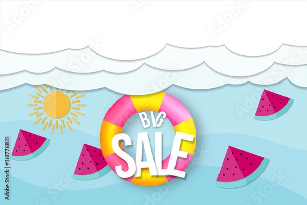 Fototapeta summer big sale background in paper cut style, vector illustration