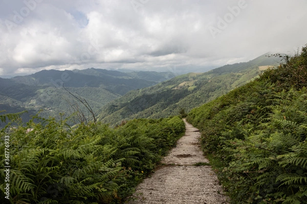 Fototapeta The path goes through the mountains down the hill in a cloudy day