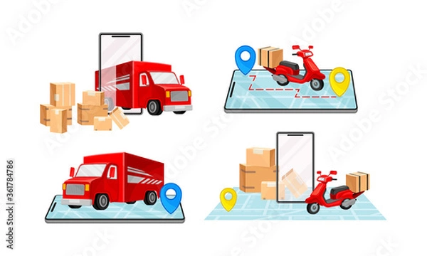 Fototapeta Cardboard Boxes, Truck and Map as Navigation Vector Illustrations Set