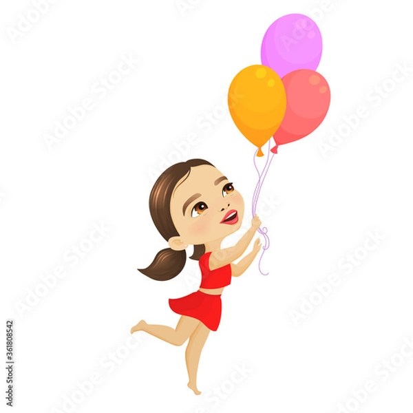 Fototapeta Happy little girl plays with balloons, cute cartoon illustration on white background