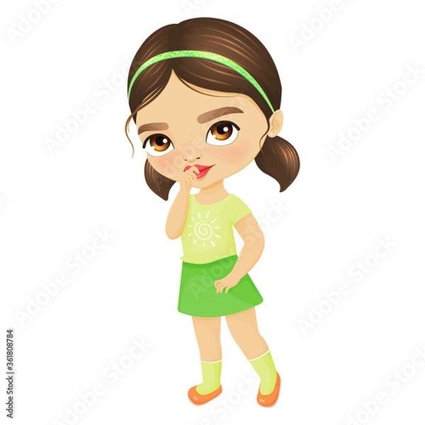 Fototapeta Cute little girl shyly covers her mouth with her finger